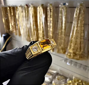 Anel de Formatura Amarelo Ajustável em Moeda Antiga – Pedra Citrino