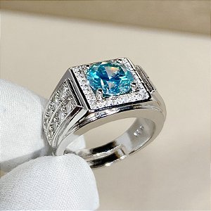 Anel Pedra Água Marinha Aquamarine Fusion Ajustável Unissex Banhado a Prata Luxo