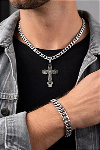Kit Corrente 60cm + Pingente Cruz Pai Nosso + Pulseira Prateado - Pjk Store