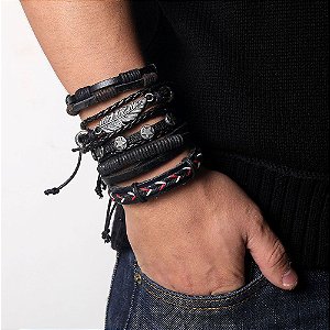Pulseira de Couro Masculina Ajustável KIT 5 Unidades