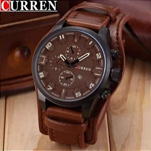 Relógio Masculino Curren Marrom Pulseira de Couro Bracelete Fundo Marrom
