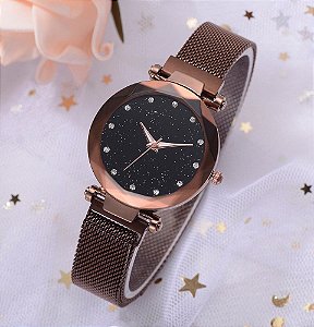 Relógio Feminino Marrom Pulseira em Aço Magnética Strass Céu Estrelado