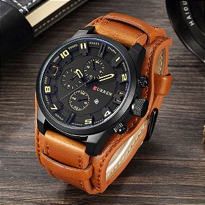 Relógio Masculino Curren Marrom Pulseira de Couro Bracelete Fundo Preto