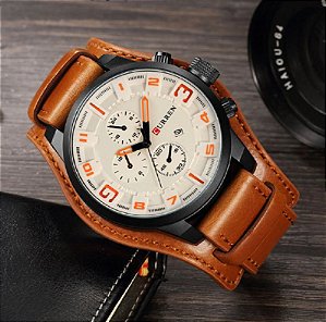 Relógio Masculino Curren com Números Pulseira de Couro Bracelete Fundo Branco Quartzo