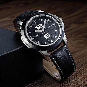 Relógio Masculino Preto Pulseira de Couro Yazole 418