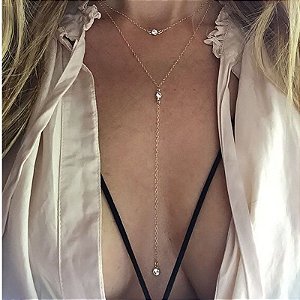 Colar Feminino Delicado Pingente Dourado Pedras Brilhantes