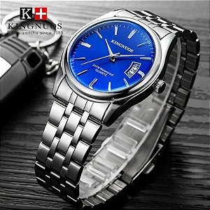 Relógio Masculino Azul Pulseira em Aço Prata Quartzo Calendário King