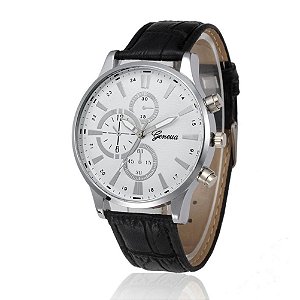 Relógio Masculino Prata Fundo Branco Pulseira de Couro Preta Quartzo