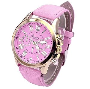 Relógio Feminino Rosa Dourado Pulseira em Couro Geneva Algarismos Romanos