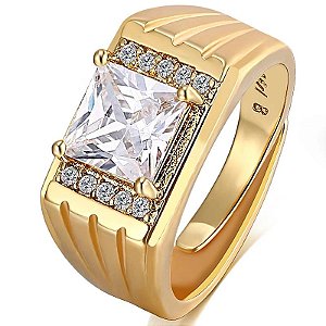 Anel Masculino Banhado a Ouro Pedra Zircônia Ajustável Frete Grátis