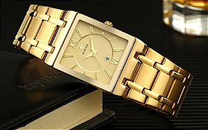 Relógio Dourado Quadrado de Aço Inox Masculino Cronógrafo Todo Funcional Quartzo
