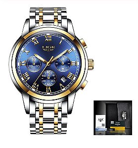 Relógio Masculino Dourado Azul em Aço Inox Lige Calendário Quartzo