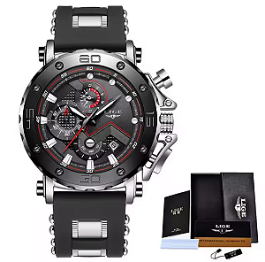 Relógio Masculino Prata Black Inox Lige Calendário Quartzo