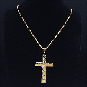 Corrente Masculina + Pingente Cruz Oração Pai Nosso Aço Inox 316L