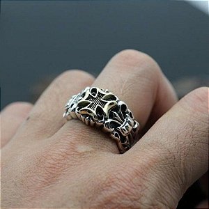 Anel Masculino Prata 925 Esterlina Banhado Coroa Cruz Ajustável