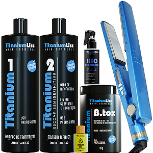 Kit Semi Difinitiva TitaniumLiss 2X1 Lt + Btox 1kg + Liso Necessário + Chapinha Nano + Argan