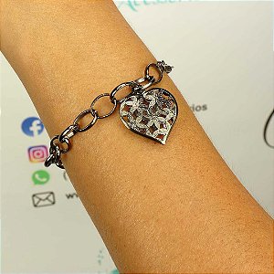 Pulseira elos com pingente de coração banho ródio negro