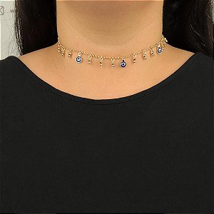 Colar choker olho grego e esferas delicadas