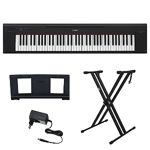 Kit Piano Digital NP 35B Piaggero Preto 76 Teclas com Fonte Bivolt Yamaha e Suporte em X