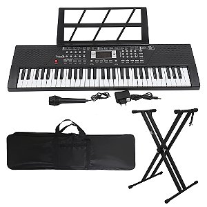Kit Teclado Musical 61 Teclas Estudante Iniciante Rhythmic 20 + Capa e Suporte em X