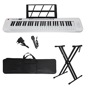 Kit Teclado Musical 61 Teclas Estudante Iniciante Rhythmic 50WH + Capa e Suporte em X