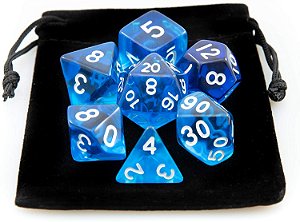Dados Para Rpg Conj C/7 translúcido azul com branco
