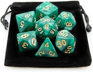 Dados Para Rpg Conj C/7 marmorizado verde com dourado