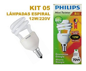 Kit 05 Lâmpada Espiral 12w E14 Branco Quente 220 V Philips