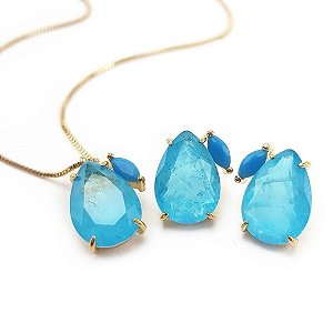 CONJUNTO GOTA CRISTAL AZUL TURQUEZA COM PEDRINHA BANHADO A OURO 18K