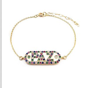 PULSEIRA COM PLACA 'PAZ' ZIRCÔNIAS COLORIDAS BANHADA A OURO 18K