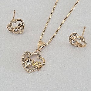 CONJUNTO COLAR E BRINCO 'LOVE' COM ZIRCÔNIAS BANHADO A OURO 18K