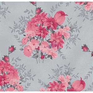 Tricoline Floral Amor Perfeito (Cinza com Rosa), 100% Algodão, Unid. 50cm x 1,50mt