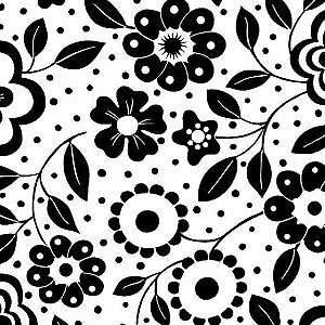 Tecido Tricoline Floral Preto e Branco, 100% Algodão, Unid. 50cm x 1,50mt