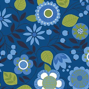 Tricoline Floral Bohêmia Fundo Azul, 100% Algodão, Unid. 50cm x 1,50mt