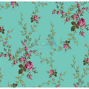 Tricoline Estampado Floral Sarah - Cor-203 (Tiffany) , 100% Algodão, Unid. 50cm x 1,50mt