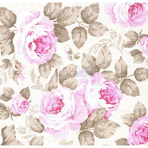 Tricoline Estampado Floral Jamile - Cor-02 (Bege com Rosa) , 100% Algodão, Unid. 50cm x 1,50mt