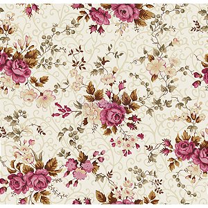 Tricoline Estampado Floral Fernanda - Cor-05 (Creme com Rosé), 100% Algodão, Unid. 50cm x 1,50mt