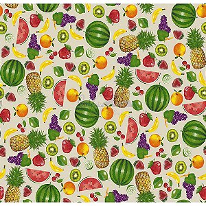 Tricoline Estampado Salada de Frutas - Cor-02 (Bege), 100% Algodão, Unid. 50cm x 1,50mt