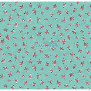 Tricoline Estampado Estrelinhas - Cor-05 (Tiffany com Rosa), 100% Algodão, Unid. 50cm x 1,50mt