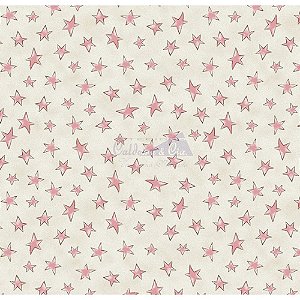 Tricoline Estampado Estrelinhas - Cor-01 (Creme com Rosa), 100% Algodão, Unid. 50cm x 1,50mt