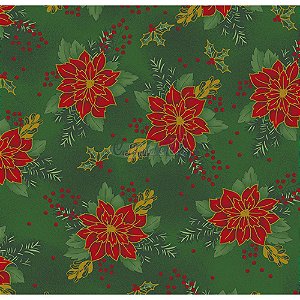 Tricoline Estampado Natal Floral 03 (Verde), 100% Algodão, Unid. 50cm x 1,50mt