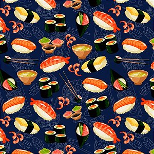 Tricoline Digital Sushi F. Azul, 100% Algodão, 50cm x 1,50mt