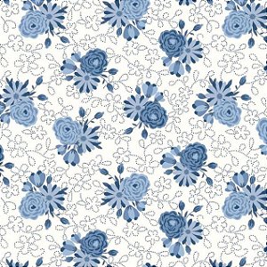 Tricoline Felicidade em Flores Pequeno Azul, 50cm x 1,50mt