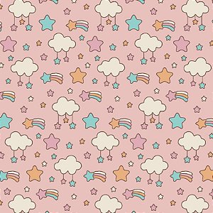 Tricoline Céu Kawaii Rosa, 100% Algodão, 50cm x 1,50m