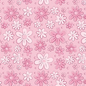 Tricoline Floral Doodle Rosa Chiclete, 100%Alg, 50cm x 1,50m