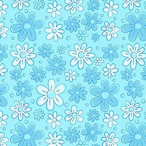 Tricoline Floral Doodle Azul Celeste, 100% Alg, 50cm x 1,50m