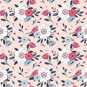 Tricoline Fancy Floral Pêssego, 100% Algodão, 50cm x 1,50mt