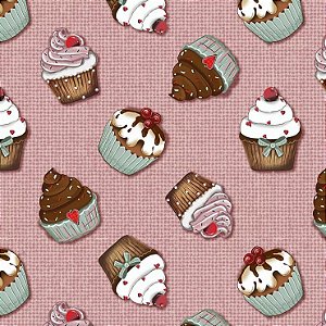 Tricoline Digital Cupcake Fundo Rosa, 100%Algod 50cm x 1,50m