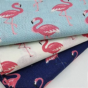 Kit Tricoline Flamingos, 100% Algodão, 3 Cortes 50cm x 70cm