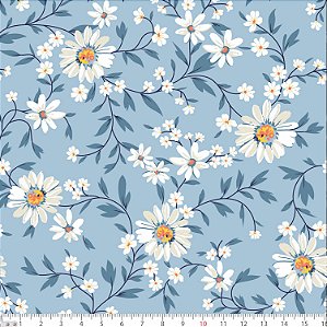 Tricoline Floral Fundo Azul, 100%Algodão, 50cm x 1,50mt